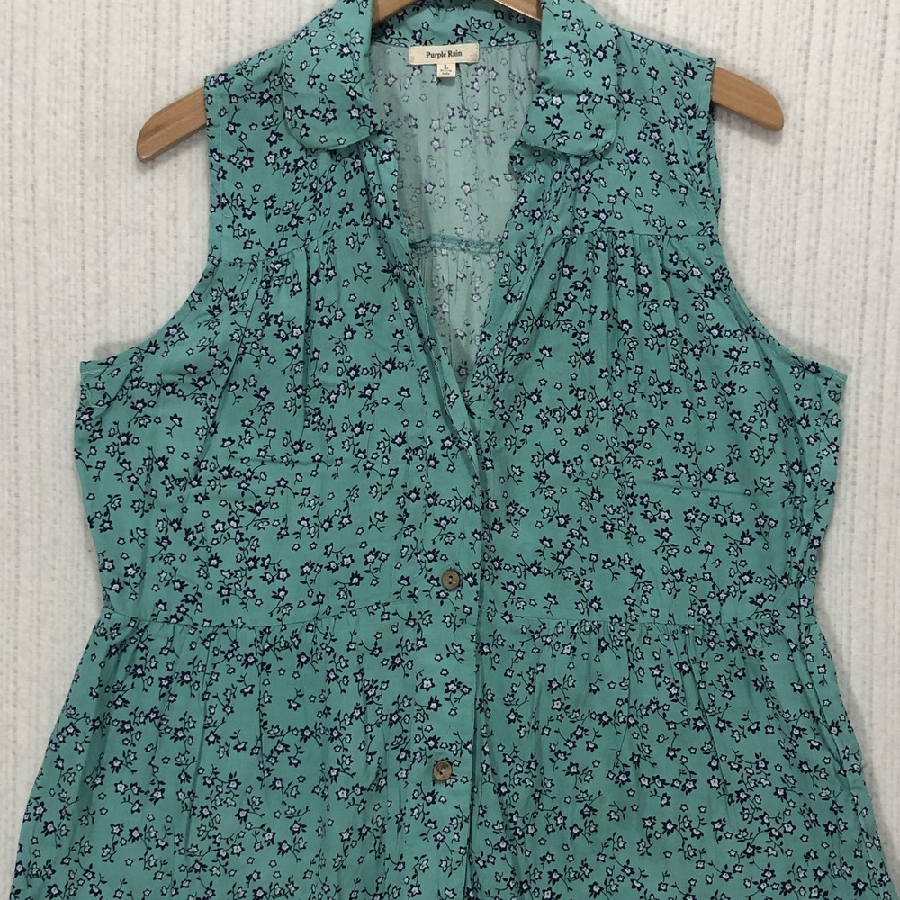 Purple Rain Teal Floral Sleeveless Peplum Blouse Rayon Peter Pan Collar Large